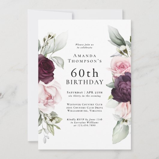 Bourgogne en roze bloemig Elegant 60e verjaardag Kaart (Voorkant)