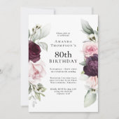 Bourgogne en roze bloemig Elegant 80e verjaardag Kaart (Voorkant)