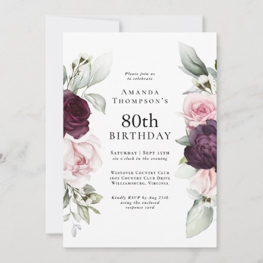 Bourgogne en roze bloemig Elegant 80e verjaardag Kaart (Voorkant)