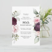 Bourgogne en roze bloemig Elegant 80e verjaardag Kaart (Staand voorkant)