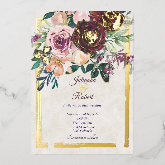 Bourgogne en roze bruine bruidsschat bruiloft folie uitnodiging (Voorkant)