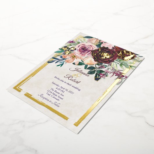 Bourgogne en roze bruine bruidsschat bruiloft folie uitnodiging (Gedraaid)