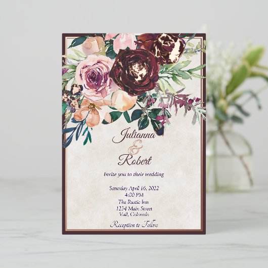 Bourgogne en roze bruine bruidsschat bruiloft folie uitnodiging (Staand Voorkant)