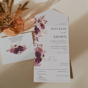 Bourgogne en roze Floral 8A bruiloft All In One Uitnodiging