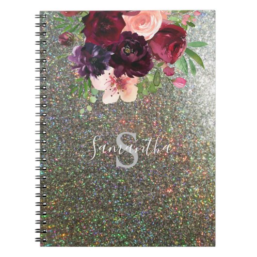 Bourgogne en roze Floral monogram - Zilver Glitter Notitieboek (Voorkant)