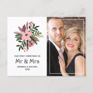 Bourgogne en roze Floral Onze eerste kerstfoto Feestdagenkaart