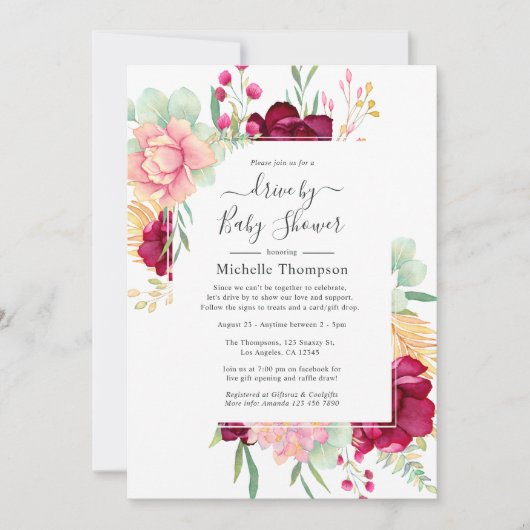 Bourgogne en roze Floral rijden met een douche Kaart (Voorkant)