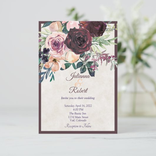 Bourgogne en roze florale bruinbruidster kaart (Staand voorkant)