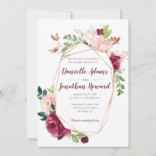 Bourgogne en roze Geometrische Waterverf Weddensch Kaart (Voorkant)