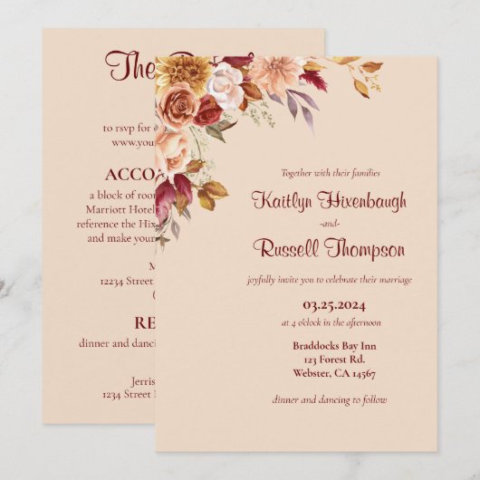 Bourgogne en roze Herfst bloemenbruiloft uitnodigi Kaart (Voorkant / Achterkant)