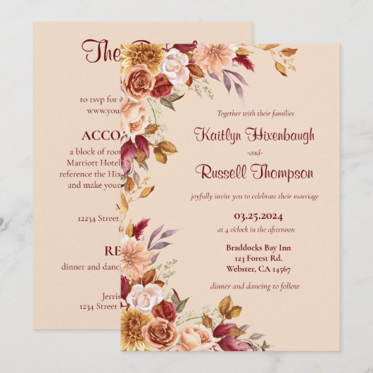 Bourgogne en roze Herfst bloemenbruiloft uitnodigi Kaart (Voorkant / Achterkant)