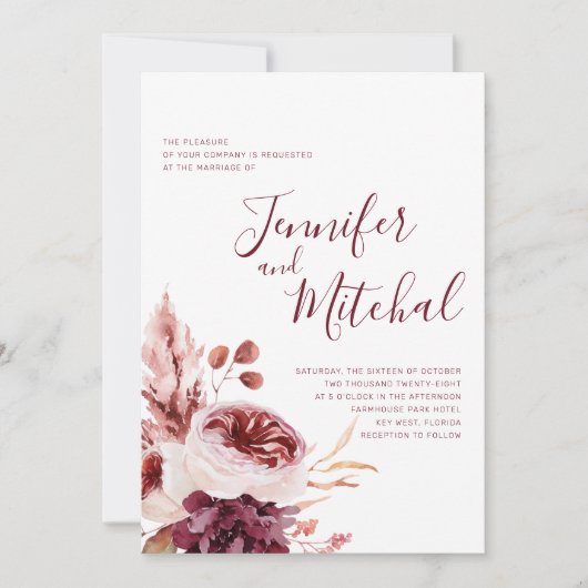 Bourgogne en roze Herfst herfst huwelijk Kaart (Voorkant)