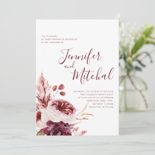 Bourgogne en roze Herfst herfst huwelijk Kaart (Staand voorkant)