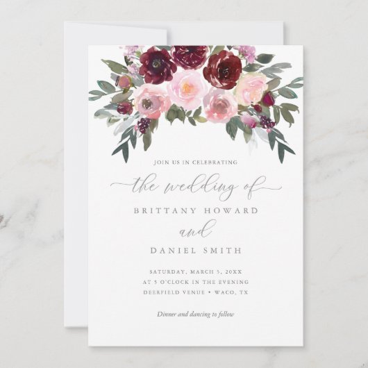 Bourgogne en roze rode bruiloft kaart (Voorkant)