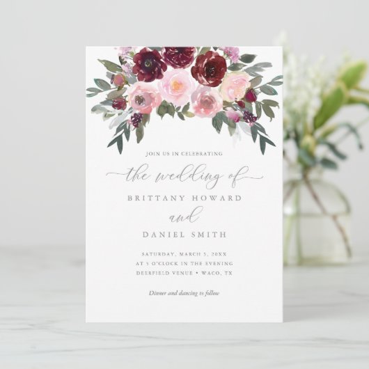 Bourgogne en roze rode bruiloft kaart (Staand voorkant)