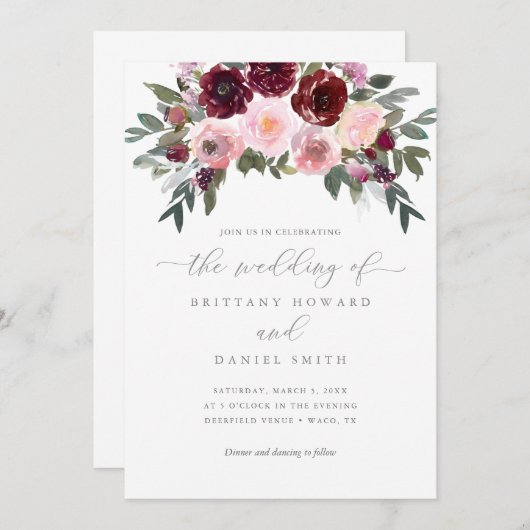 Bourgogne en roze rode bruiloft kaart (Voorkant / Achterkant)