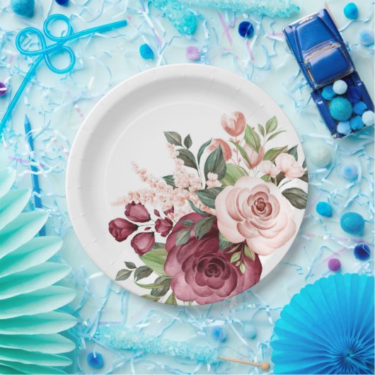 Bourgogne en roze Waterverf bloemen Papieren Bordje (Feest)