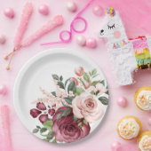  Bourgogne en roze Waterverf bloemen Papieren Bordje (Feest)