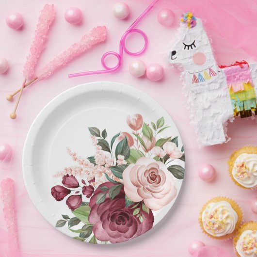 Bourgogne en roze Waterverf bloemen Papieren Bordje (Feest)