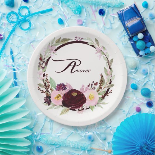 Bourgogne en roze Waterverf bloemen Papieren Bordje (Feest)