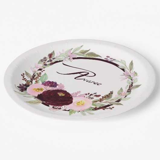 Bourgogne en roze Waterverf bloemen Papieren Bordje (Gekanteld)
