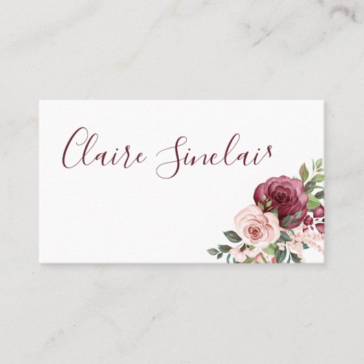 Bourgogne en roze Waterverf bloemen Visitekaartje (Voorkant)