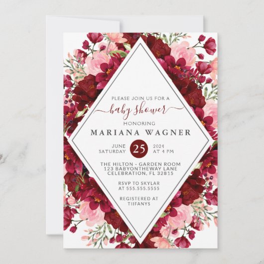 Bourgogne en roze Waterverf Floral Baby shower Kaart (Voorkant)