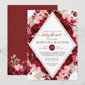 Bourgogne en roze Waterverf Floral Baby shower Kaart (Voorkant / Achterkant)