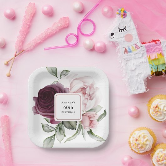 Bourgogne en Roze Waterverf Rozen 60e Verjaardag Papieren Bordje (Feest)