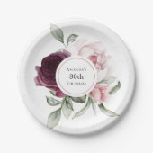 Bourgogne en Roze Waterverf Rozen 80e Verjaardag Papieren Bordje (Voorkant)