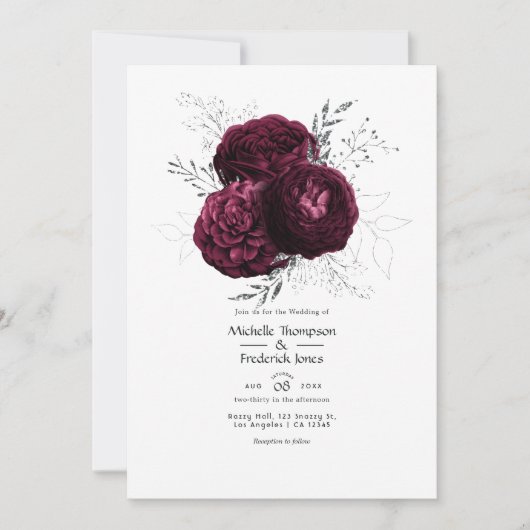 Bourgogne en Silver Floral Wedding Kaart (Voorkant)