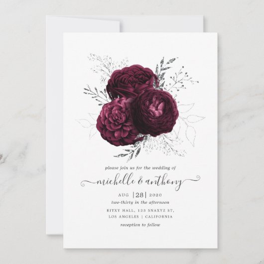 Bourgogne en Silver Floral Wedding Kaart (Voorkant)