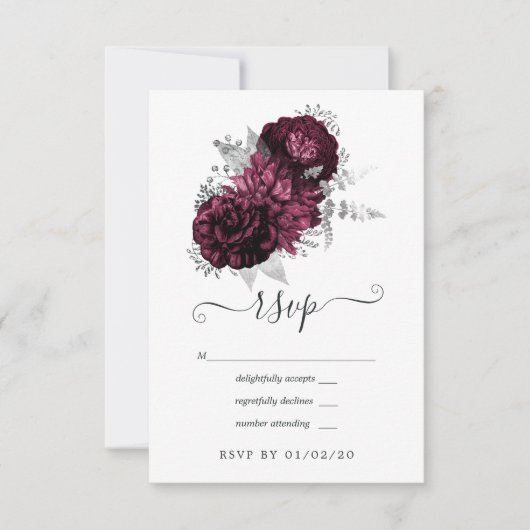 Bourgogne en Silver Floral Wedding RSVP Kaartje (Voorkant)