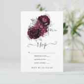 Bourgogne en Silver Floral Wedding RSVP Kaartje (Staand voorkant)