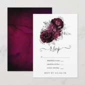 Bourgogne en Silver Floral Wedding RSVP Kaartje (Voorkant / Achterkant)
