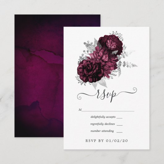 Bourgogne en Silver Floral Wedding RSVP Kaartje (Voorkant / Achterkant)