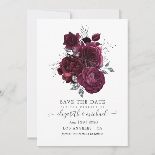 Bourgogne en Silver Floral Wedding Save The Date (Voorkant)