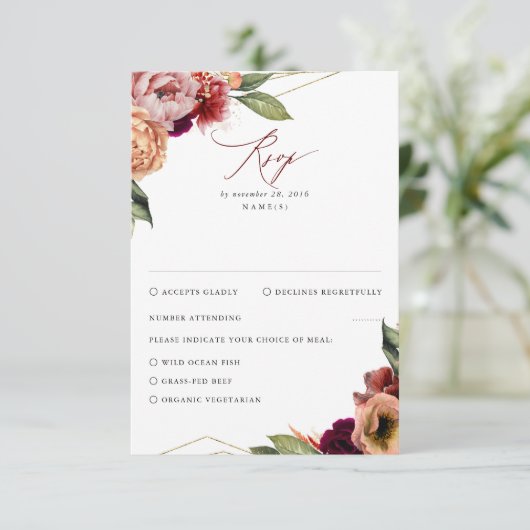 Bourgogne en Sinaasappel Bloemen Herfst Bruiloft R RSVP Kaartje (Staand voorkant)