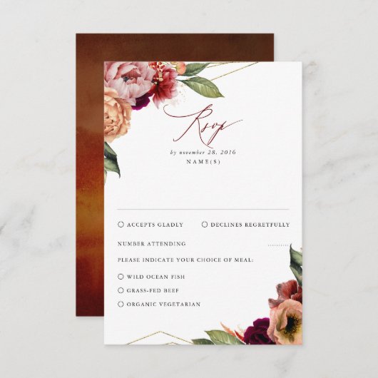 Bourgogne en Sinaasappel Bloemen Herfst Bruiloft R RSVP Kaartje (Voorkant / Achterkant)
