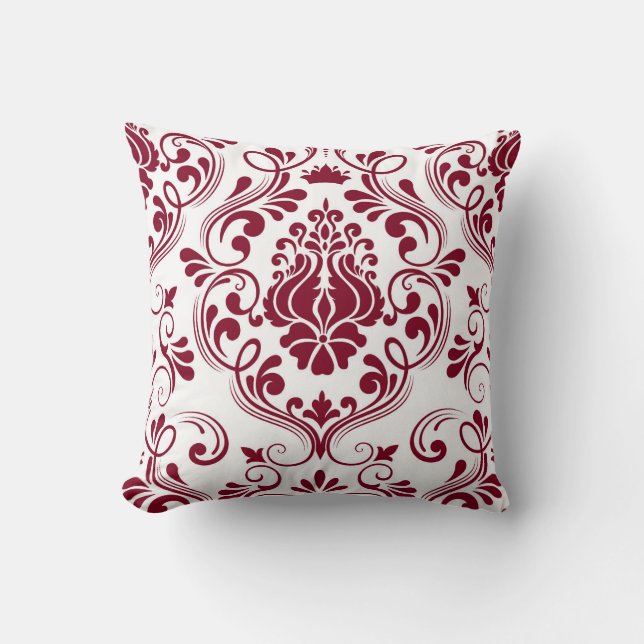 Bourgogne en witte Damask Floral Pattern Elegant Kussen (Voorkant)