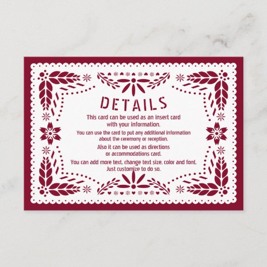 Bourgogne en witte papel picado Quinceañera Informatiekaartje (Voorkant)