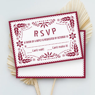 Bourgogne en witte papel picado Quinceañera RSVP Kaartje