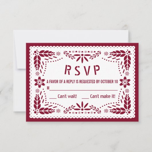 Bourgogne en witte papel picado Quinceañera RSVP Kaartje (Voorkant)