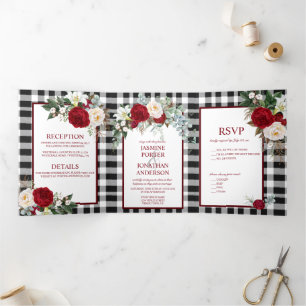 Bourgogne en witte rozen, buffelweddenschap drieluik uitnodiging