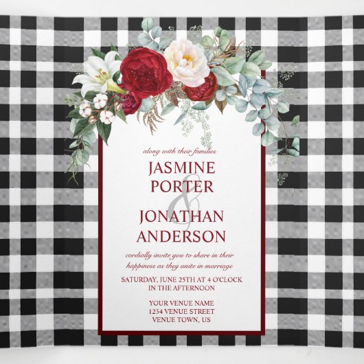 Bourgogne en witte rozen, buffelweddenschap drieluik uitnodiging (Binnenkant midden)