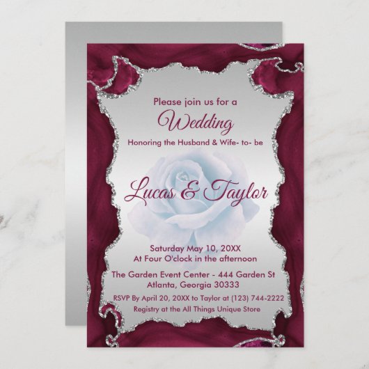 Bourgogne en zilveren bruiloft uitnodiging (Voorkant / Achterkant)