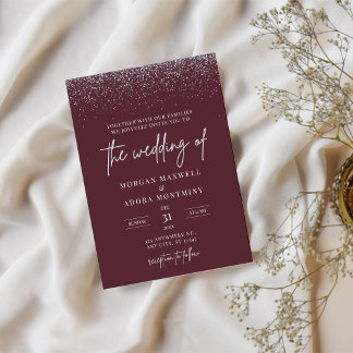 Bourgogne en zilveren glitter bruiloft kaart
