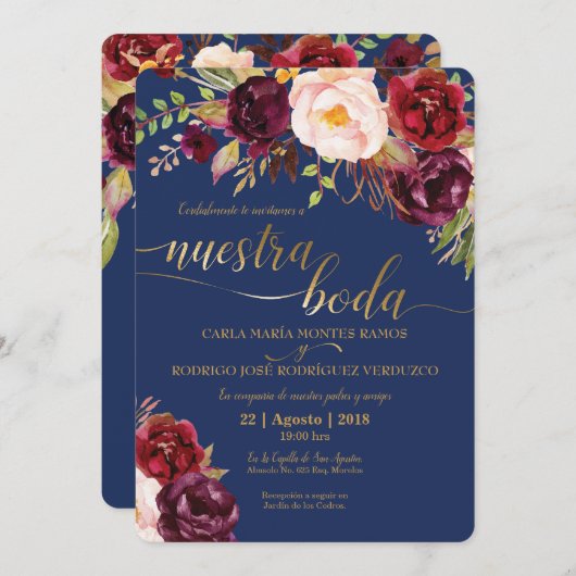 Bourgogne Faux Gold Spaanse bruiloft uitnodiging (Voorkant / Achterkant)