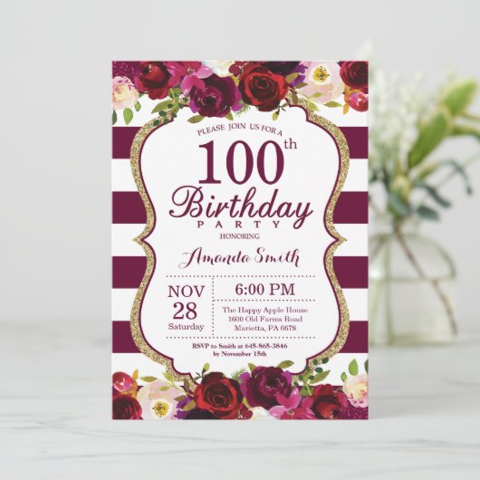 Bourgogne Floral 100e verjaardag Uitnodiging (Staand voorkant)