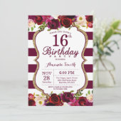 Bourgogne Floral 16e verjaardag Uitnodiging (Staand voorkant)
